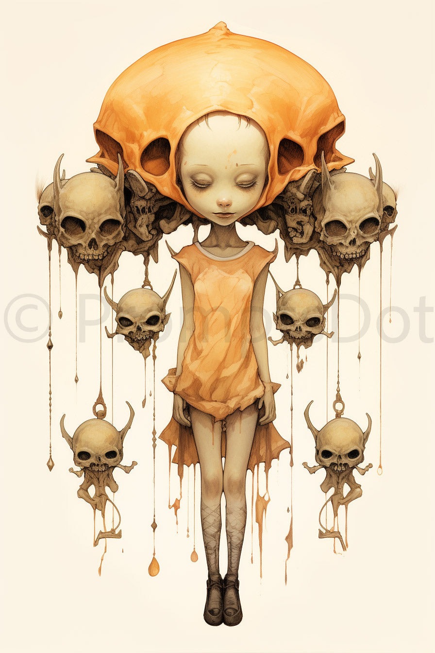 Midjourney Prompt Vintage Halloween Postcards Gothic Posters Commercial Use a cute girl with skulls hanging on her head