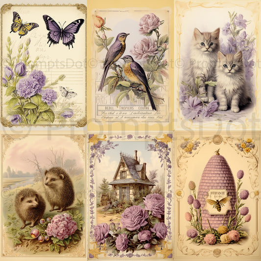 Vintage Illustrations Postcards Journals Midjourney Prompt Commercial Use a collection of six cards lavender style