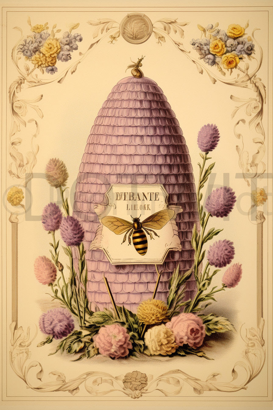 a hive with a bee Vintage Postcards Journals Digital Art and Midjourney Prompt Commercial Use