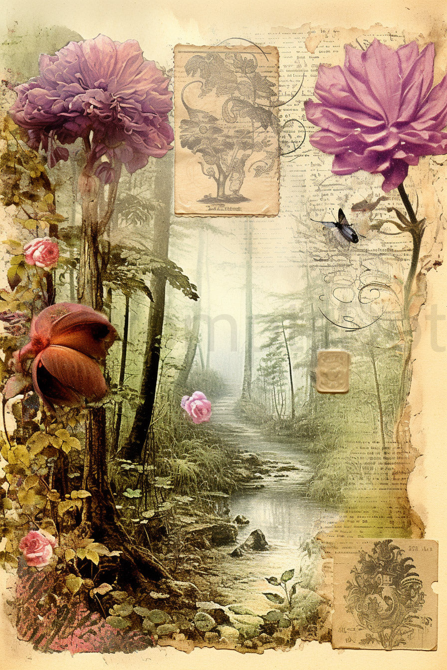 Midjourney Prompt Vintage Junk Journal Postcards Posters Commercial Use an aesthetic forest with trees and stamps on it