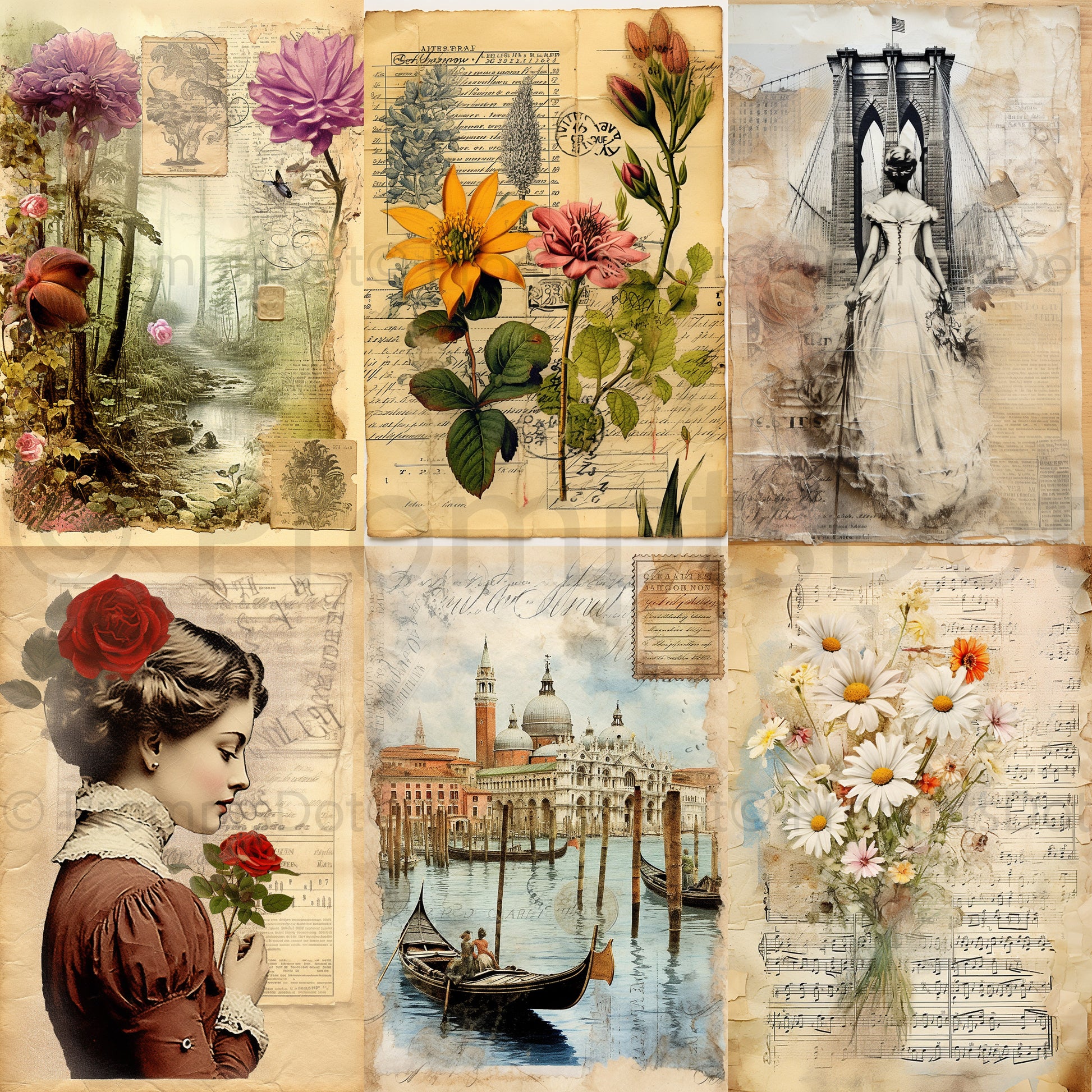 Midjourney Prompt Vintage Junk Journal Postcards Posters Commercial Use Collection of six aesthetic vintage cards