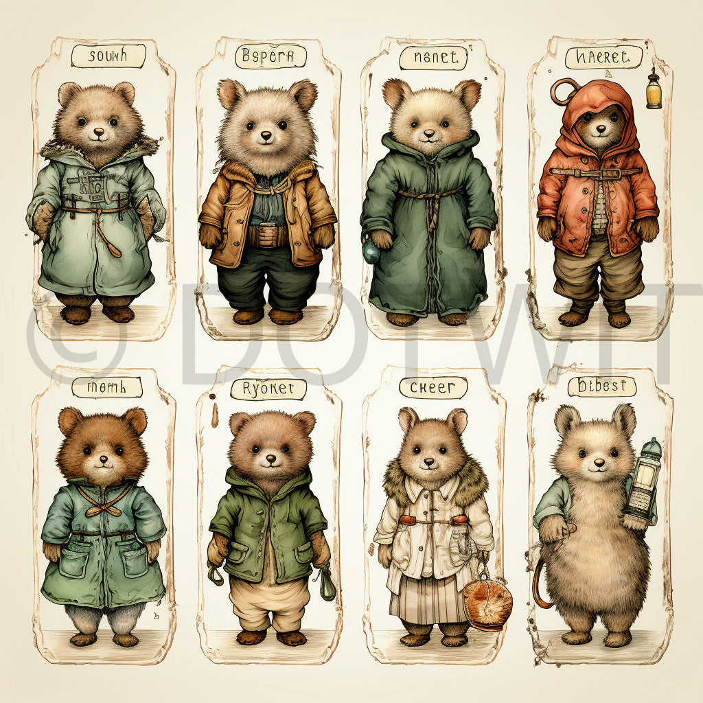 a collection of bears Vintage Junk Journal Tags Ephemera Labels Digital Art and Midjourney Prompt Commercial Use
