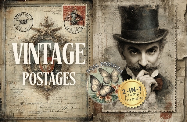 Vintage-themed postcard with stamps, a clock tower, and a man in a top hat.