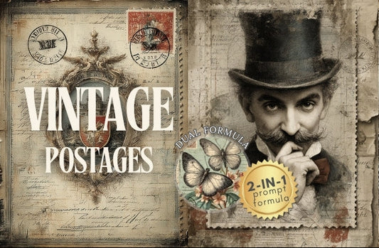 Vintage-themed postcard with stamps, a clock tower, and a man in a top hat.