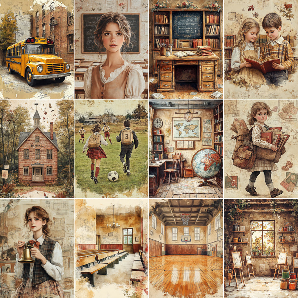 Collage of vintage-style images including a school bus, classroom, books, and children with backpacks.