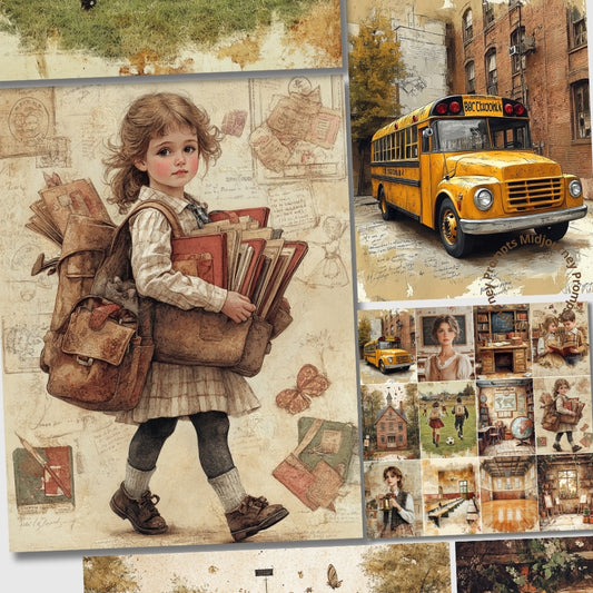 Collage of a girl with books and a yellow school bus.