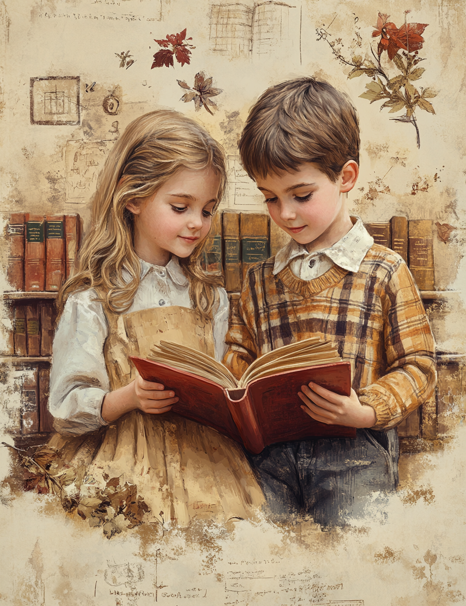 Two children reading a book in a vintage setting with books and flowers.