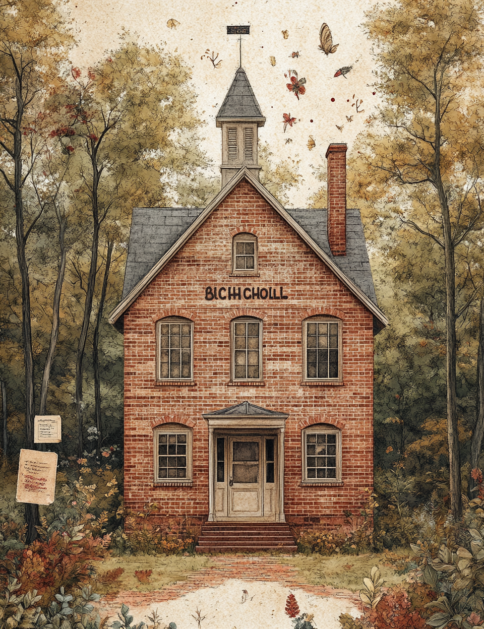 Brick building with 'Bichicholl' on the front, surrounded by trees and autumn leaves.