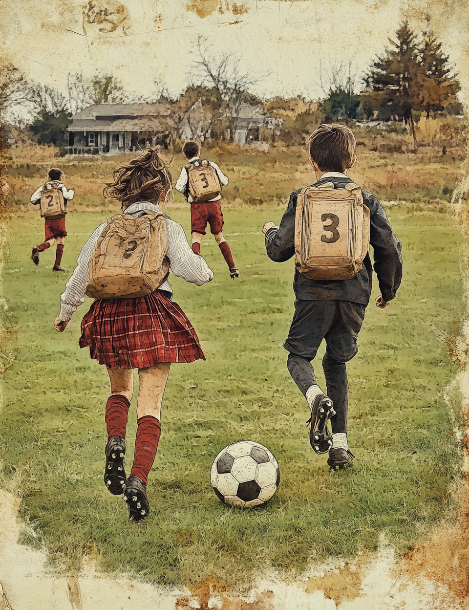 Children playing soccer in a field with vintage effect