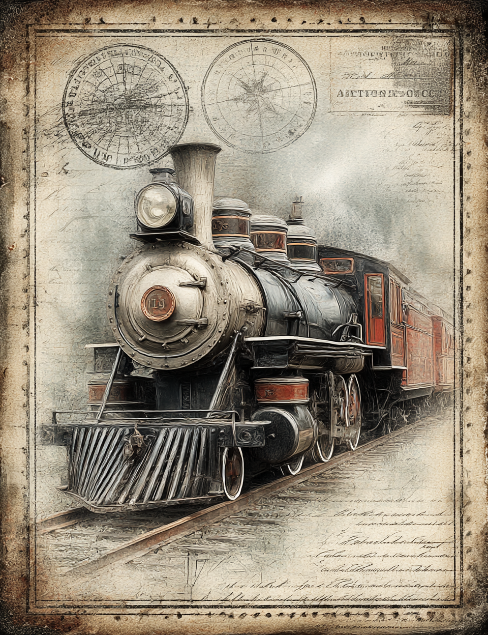 Vintage-style illustration of a steam locomotive on a textured background