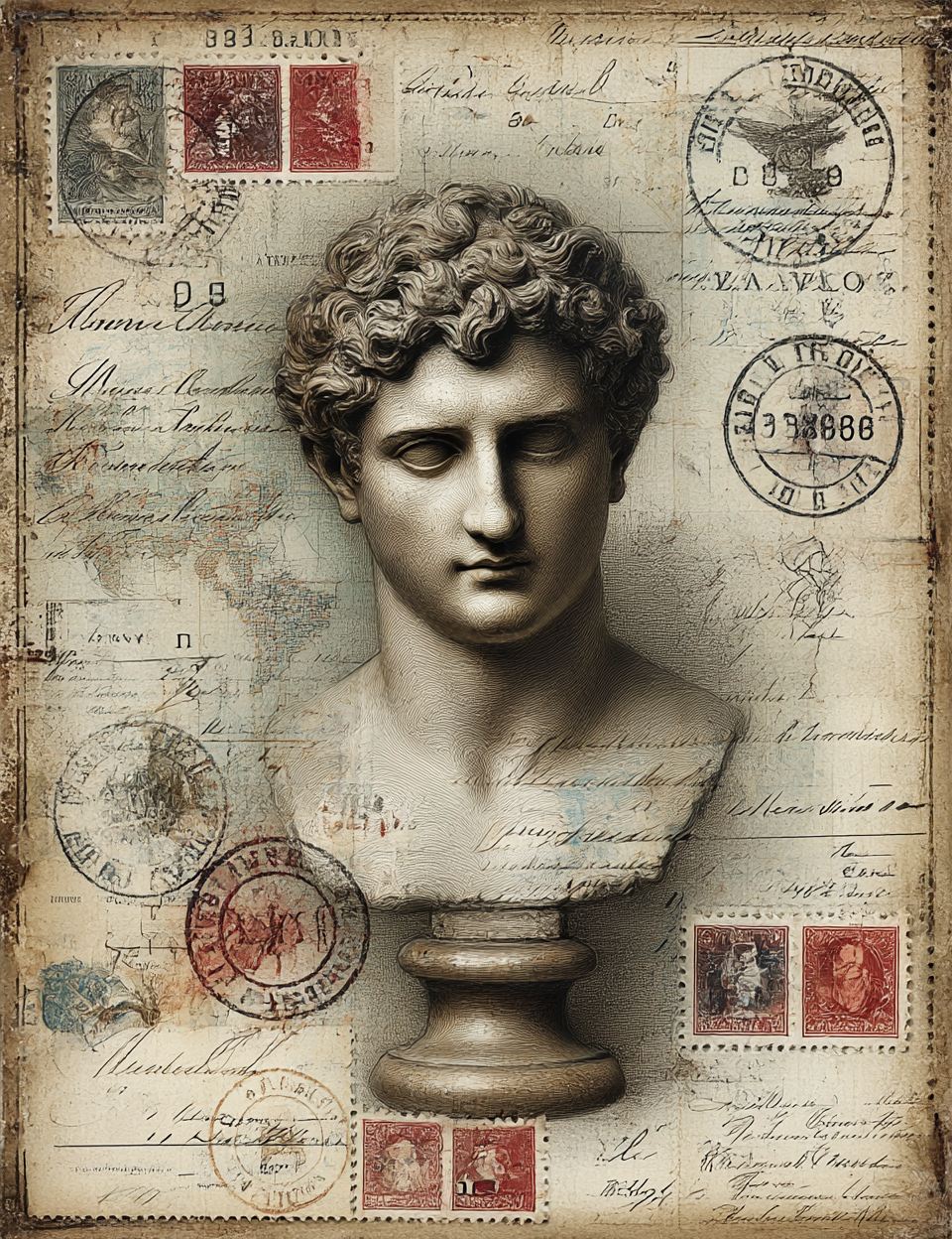 Bust of a classical figure on a textured background with vintage stamps and letters.