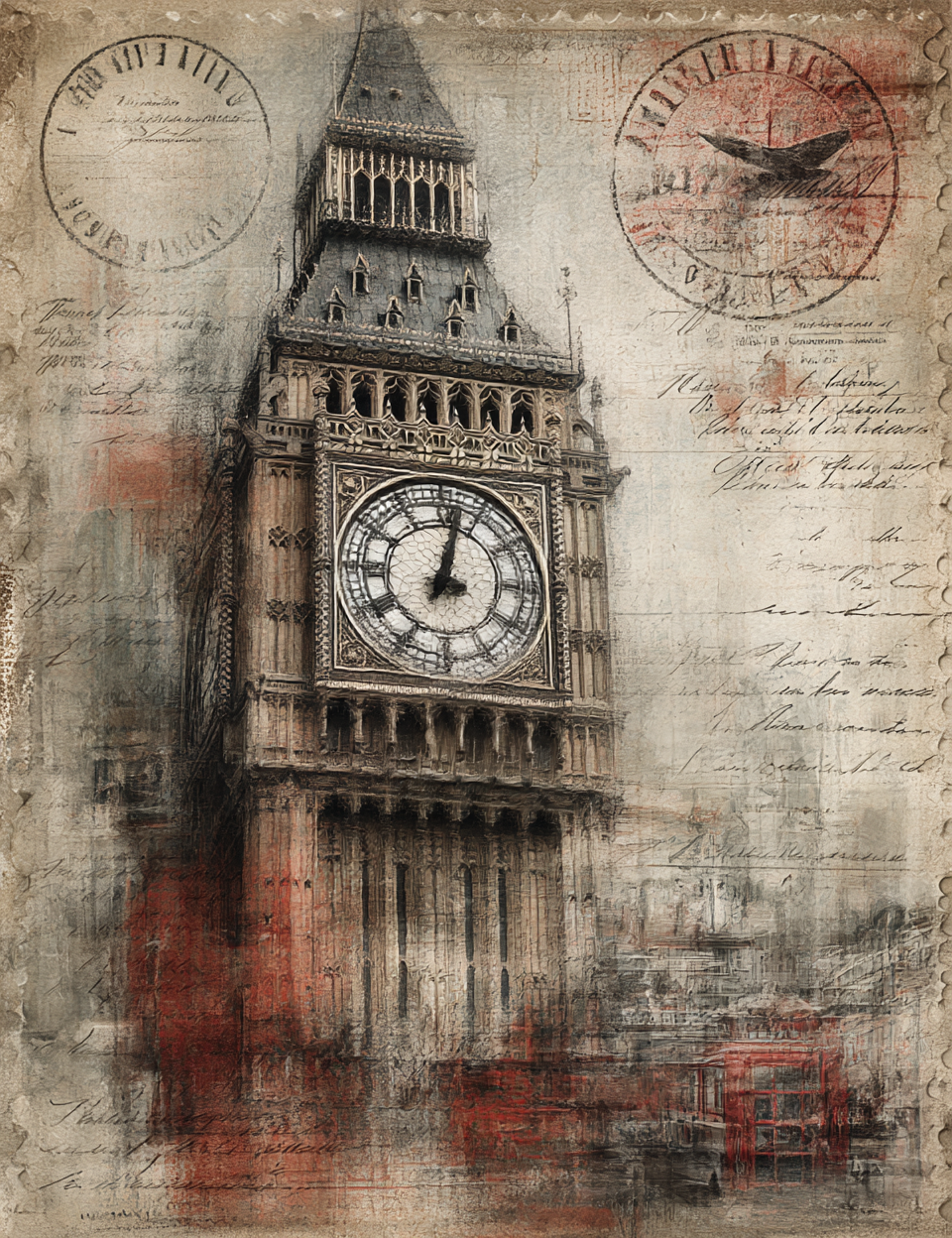Artistic depiction of a clock tower with vintage elements on a textured background