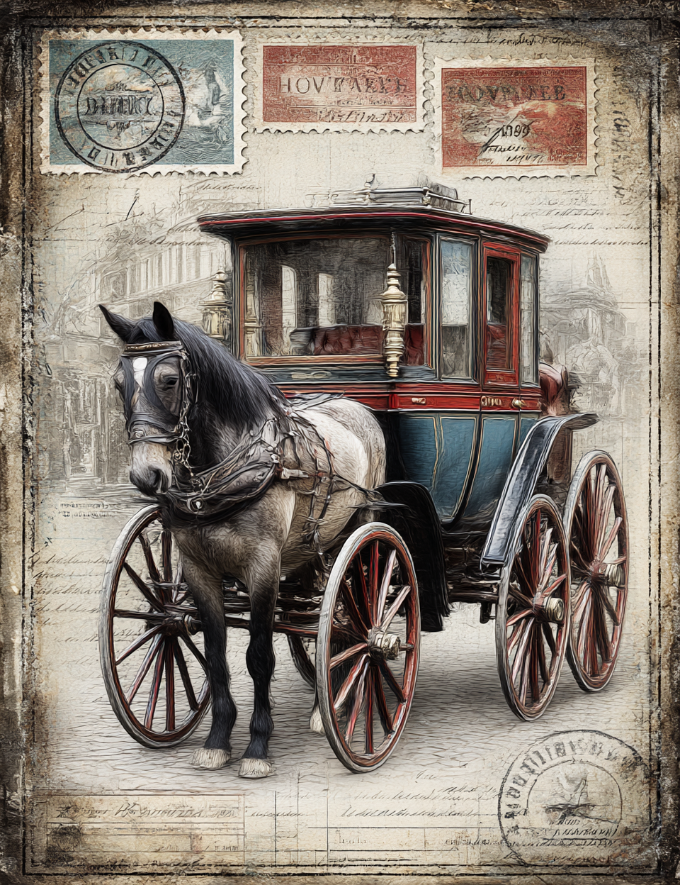 Vintage horse-drawn carriage with stamps on a textured background