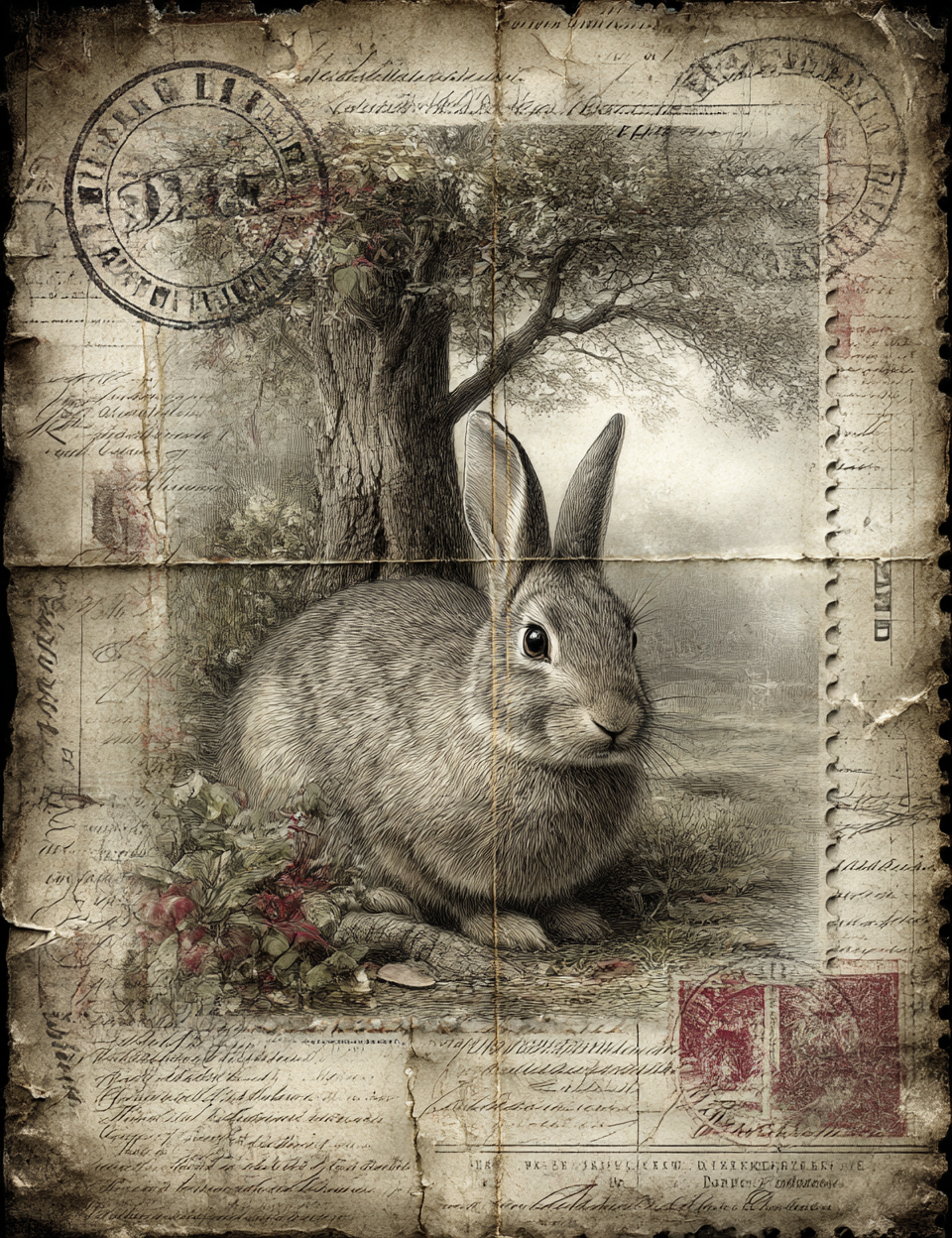 Vintage-style illustration of a rabbit with a tree and floral elements on a textured background.