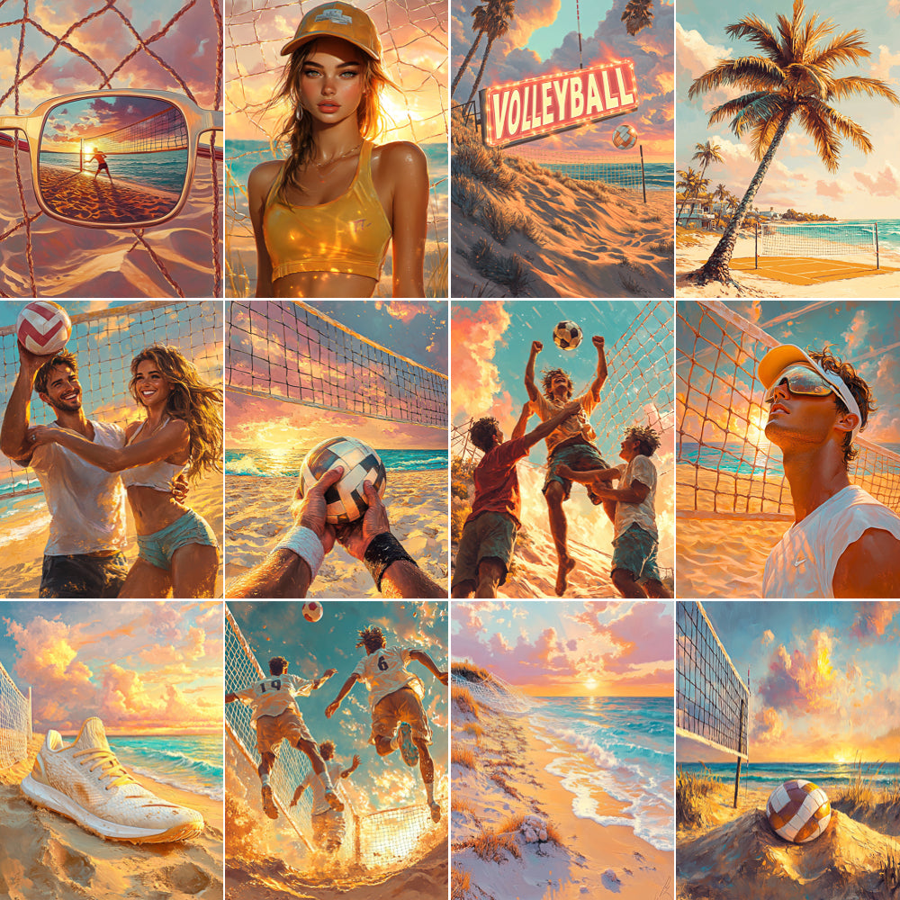 Collage of beach volleyball scenes with people playing, sunset, and beach elements.