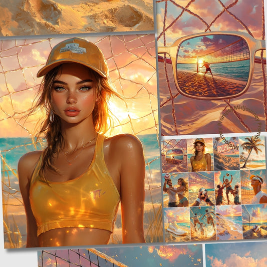 Collage of a woman in beach attire with sunset and beach scenes.