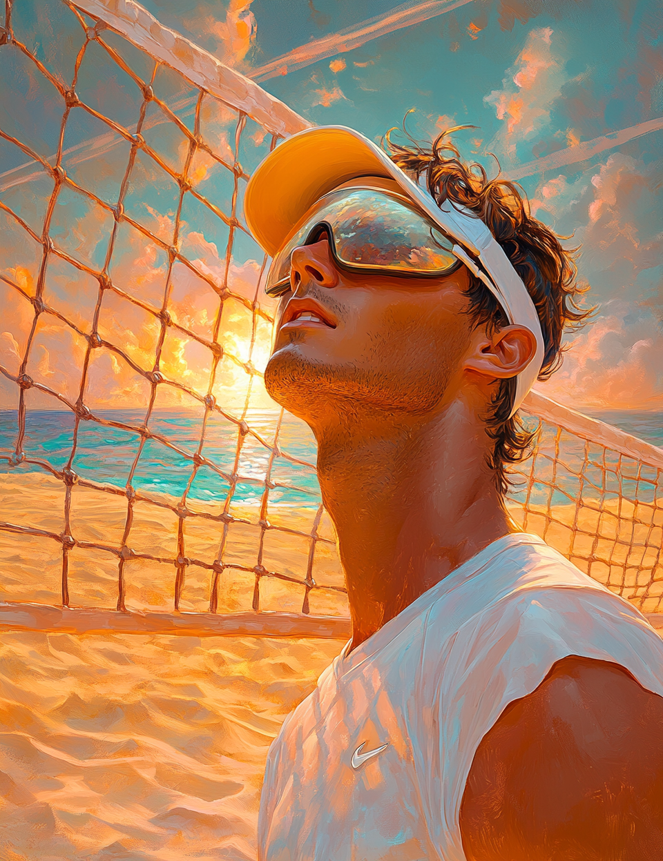 Man wearing sunglasses and a visor with a beach and sunset in the background