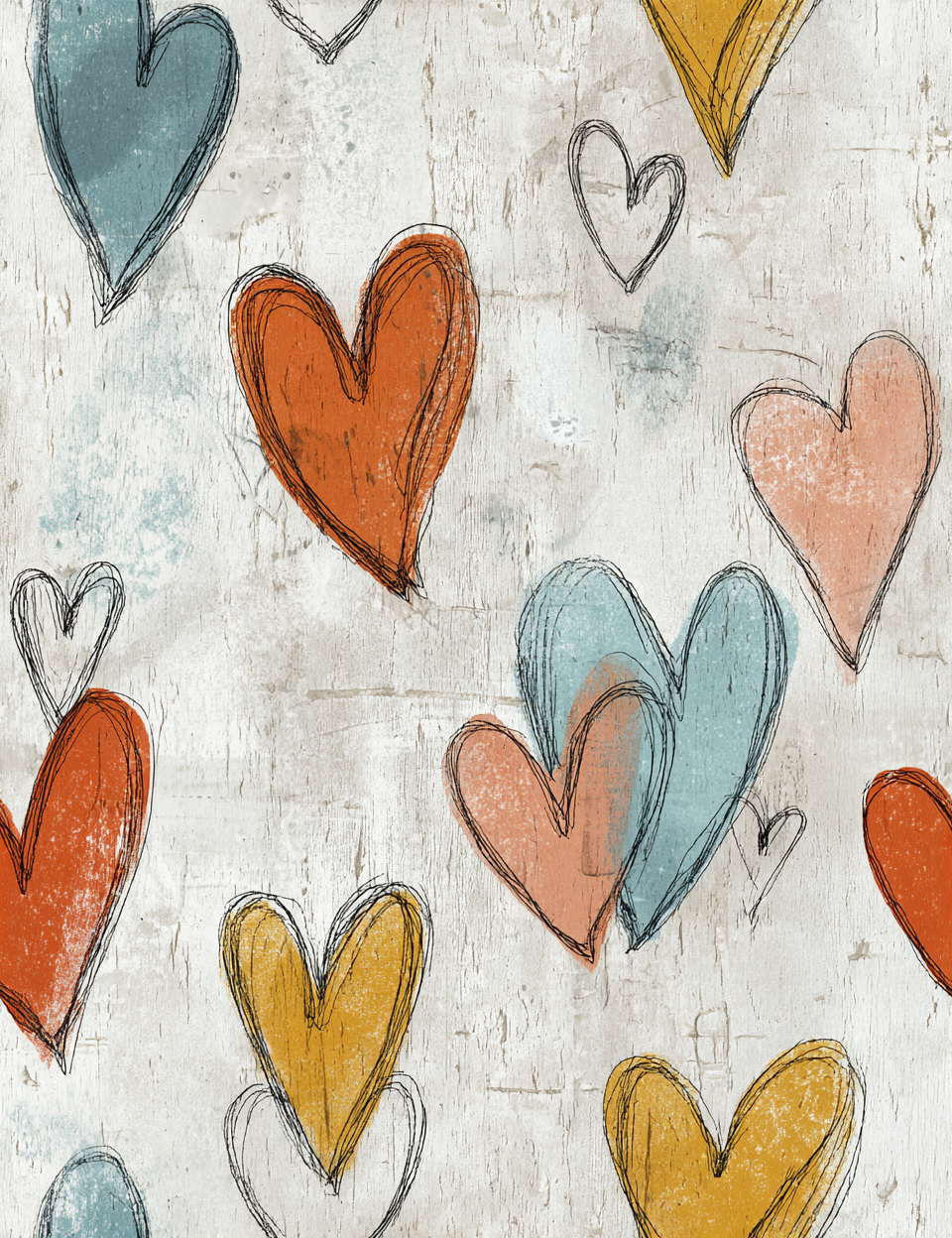 Pattern of colorful hearts on a textured background