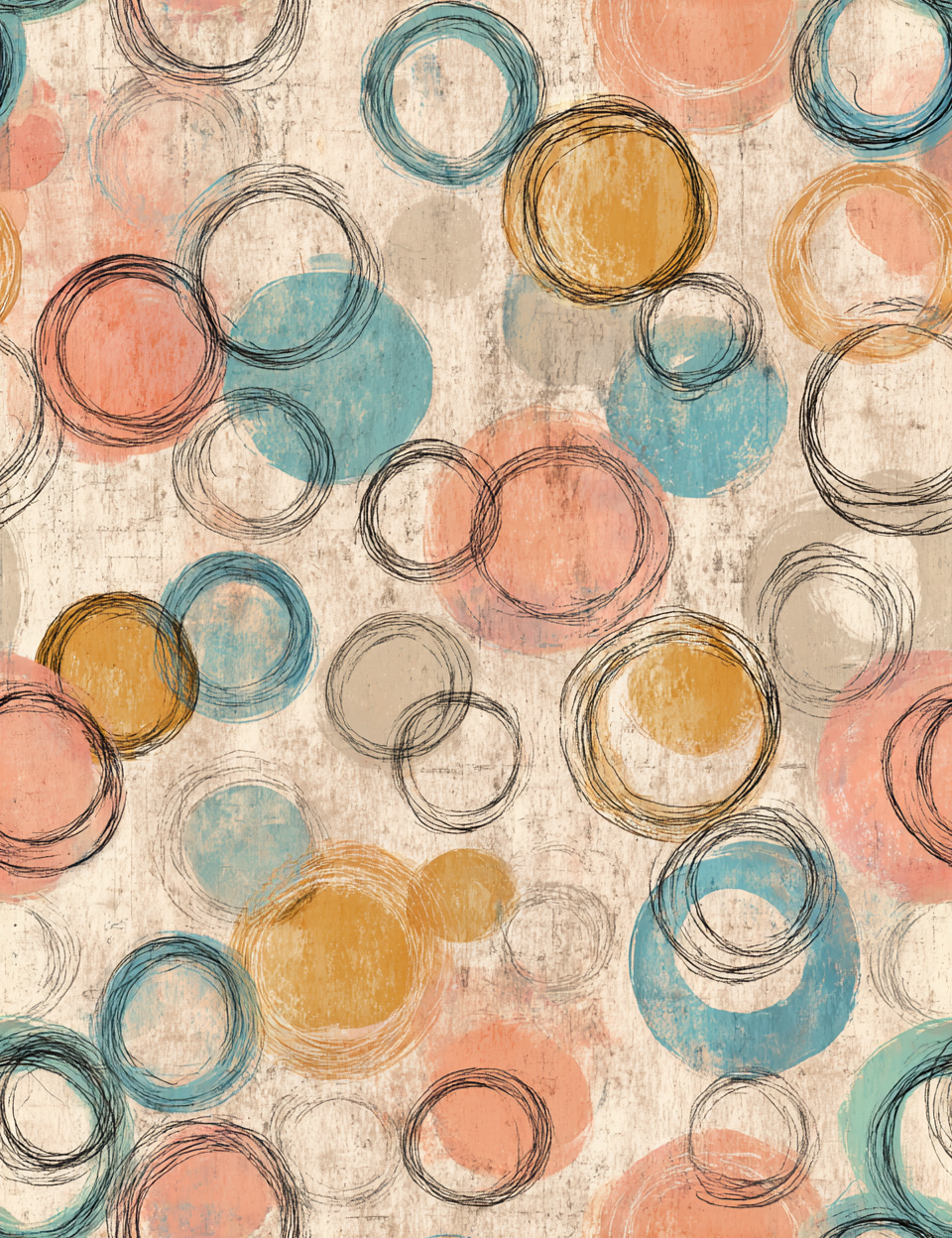 Pattern of colorful circles on a textured beige background