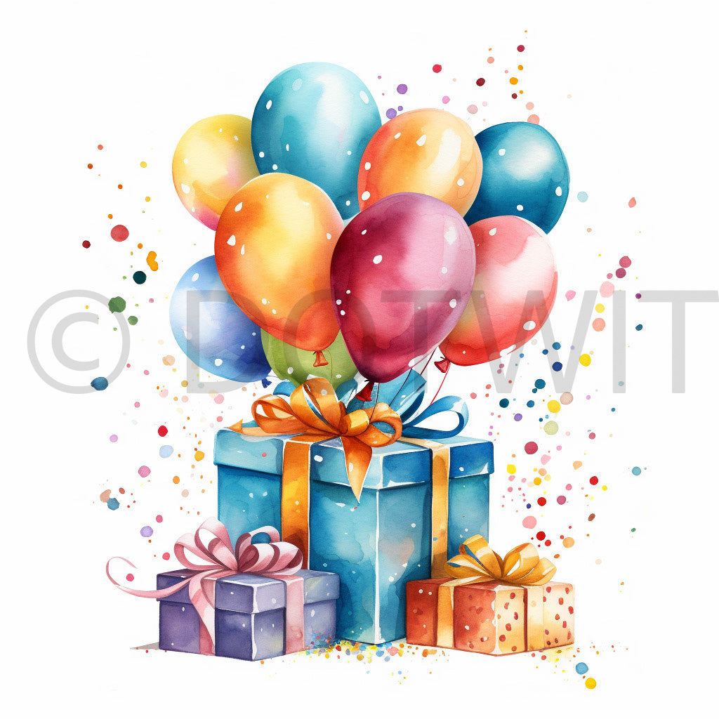 birthday balloons and presents Watercolor Birthday Illustrations Parties Digital Art and Midjourney Prompt Commercial Use