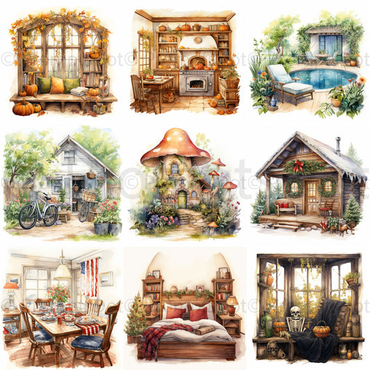 Watercolor Clipart Houses Rooms Seasons Midjourney Prompt