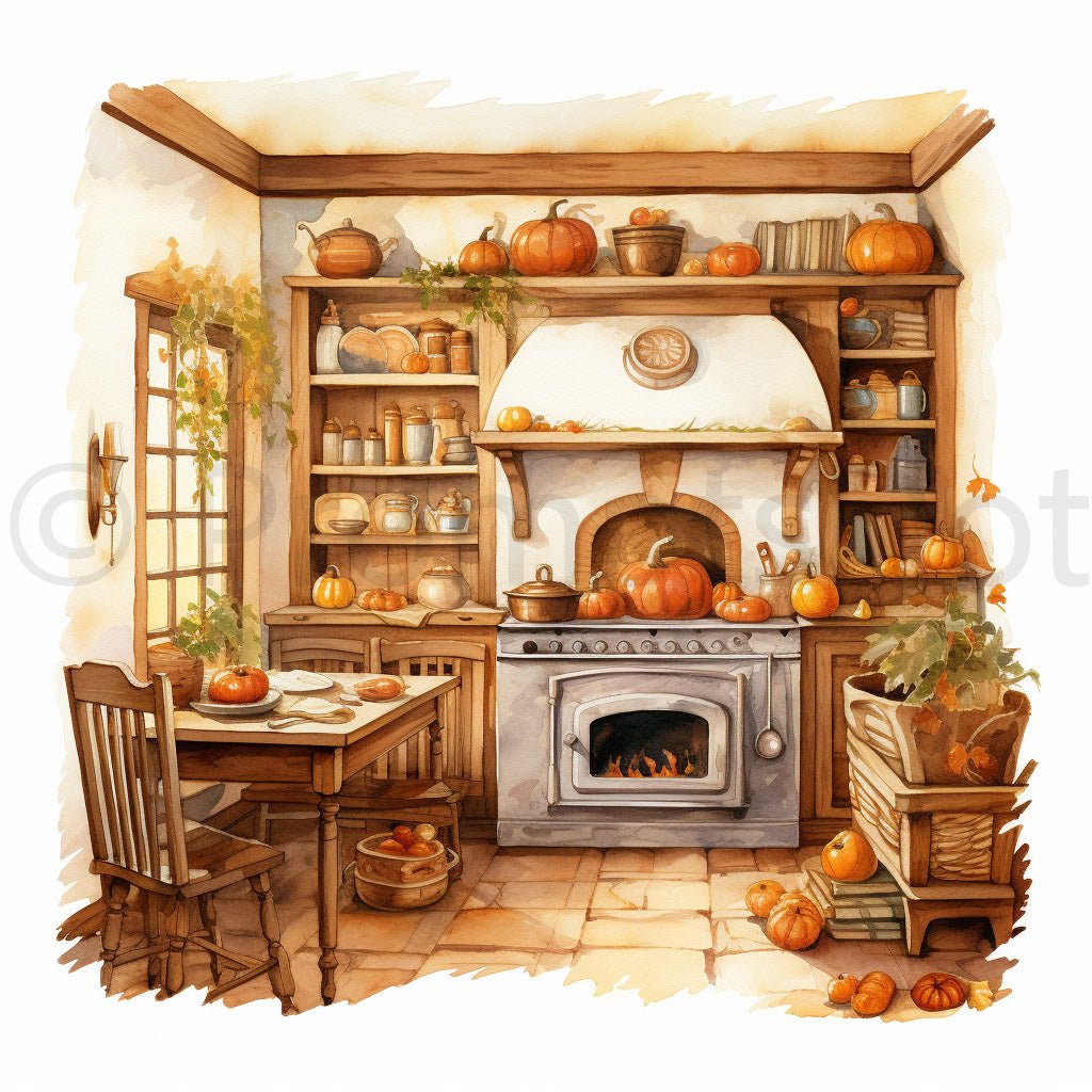 Watercolor Clipart Houses Rooms Seasons Midjourney Prompt A beautiful kitchen in autumn