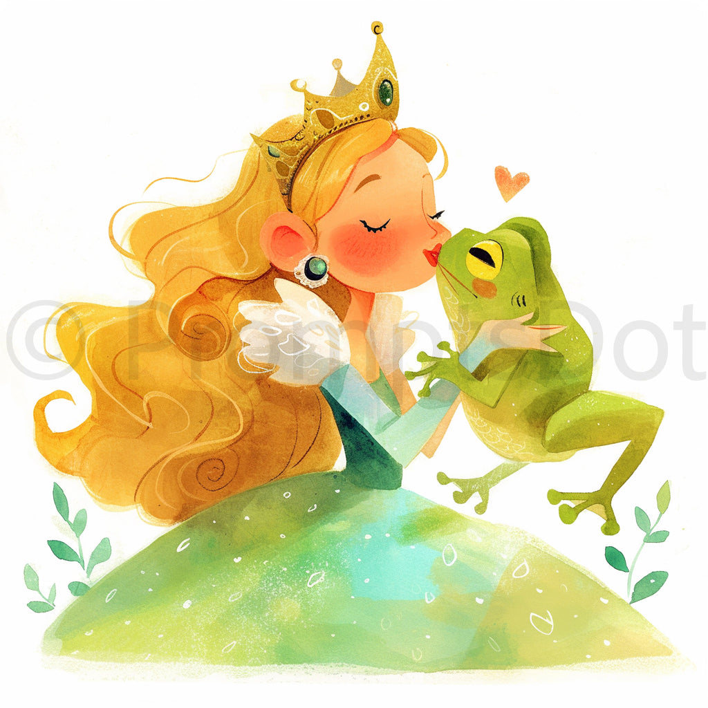princess kissing a frog Watercolor Fairytale Clipart Midjourney Prompts