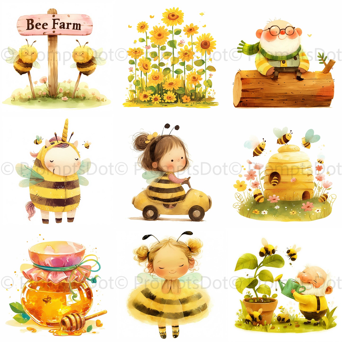 Watercolor Honey Bee Clipart