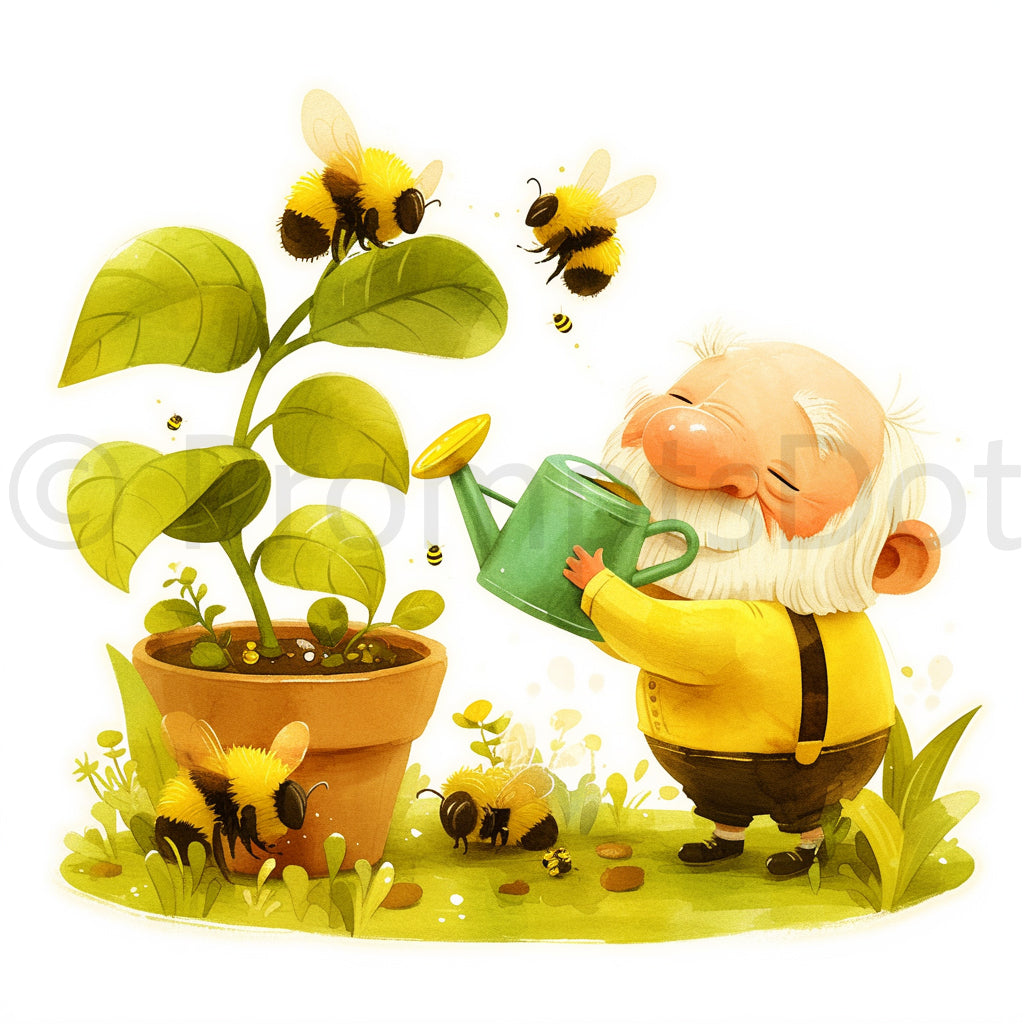 old man watering plants with bees