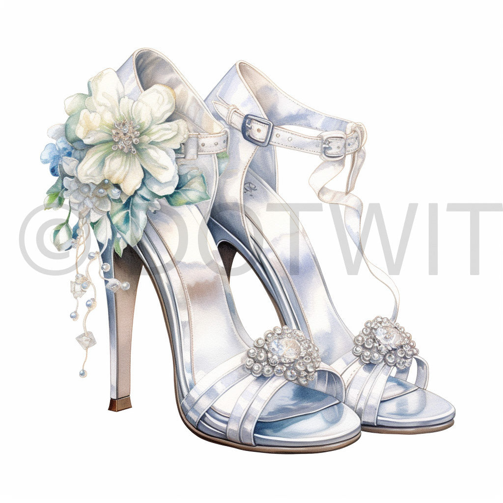 a wedding heals shoes satin cute Wedding Watercolor Cliparts Romantic Digital Art and Midjourney Prompt Commercial Use