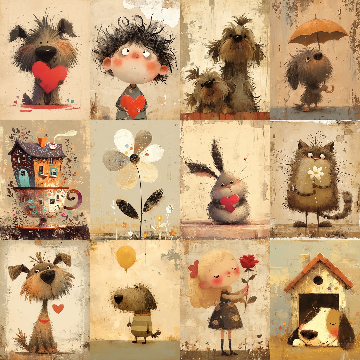 grid Midjourney Prompts For Whimsical Animals Dogs Illustrations