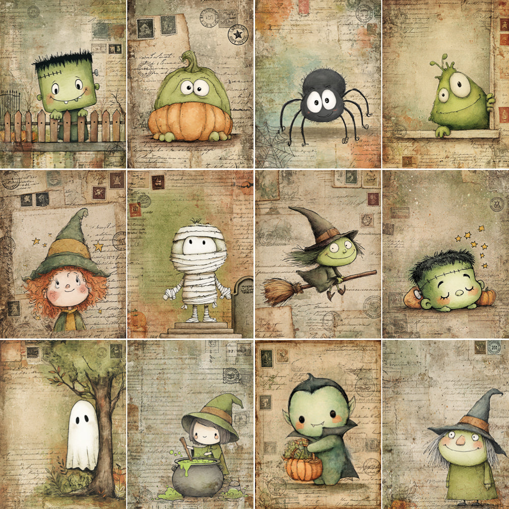 Set of Halloween-themed illustrations featuring various characters on a textured background.