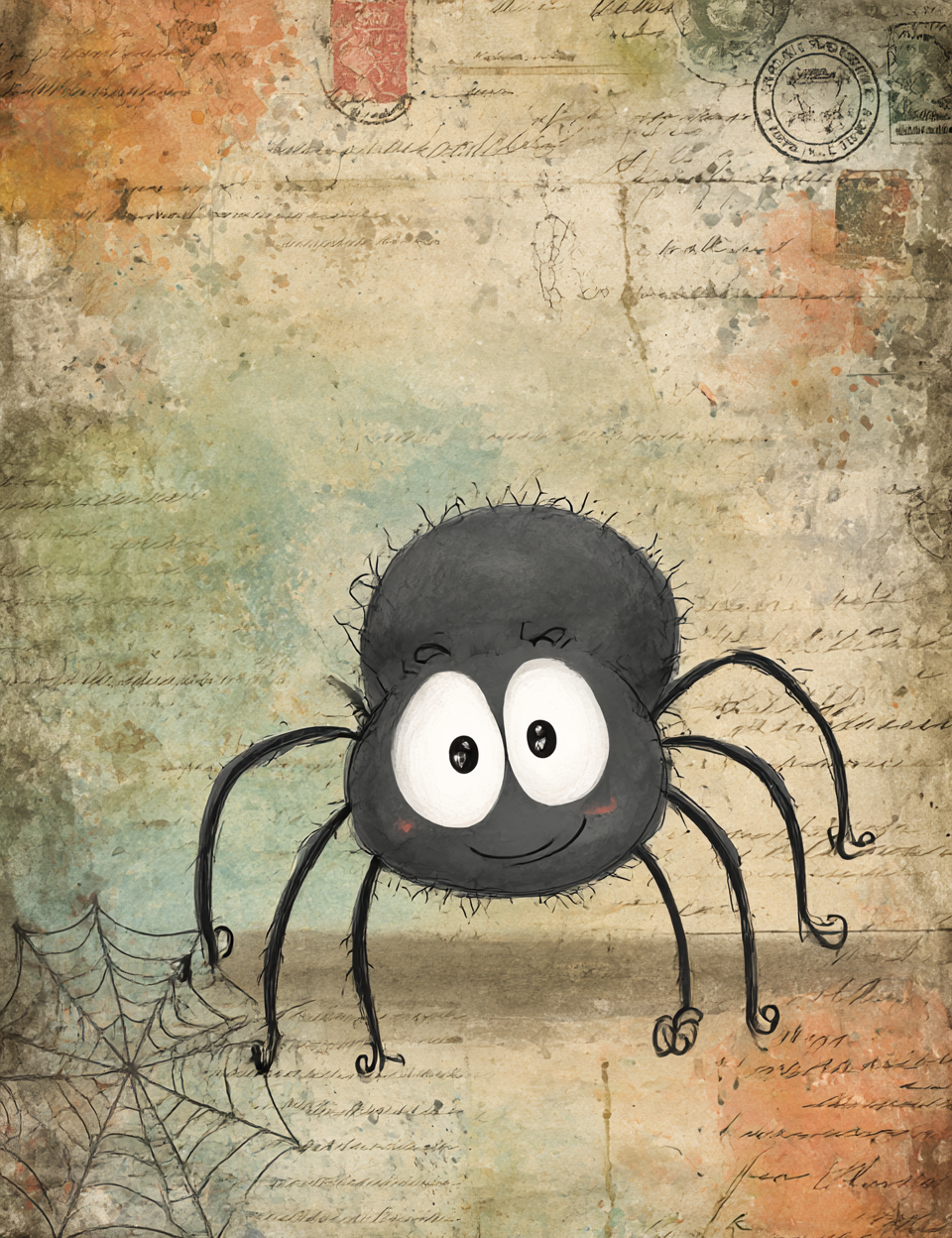 Cartoon spider with large eyes on a textured vintage background