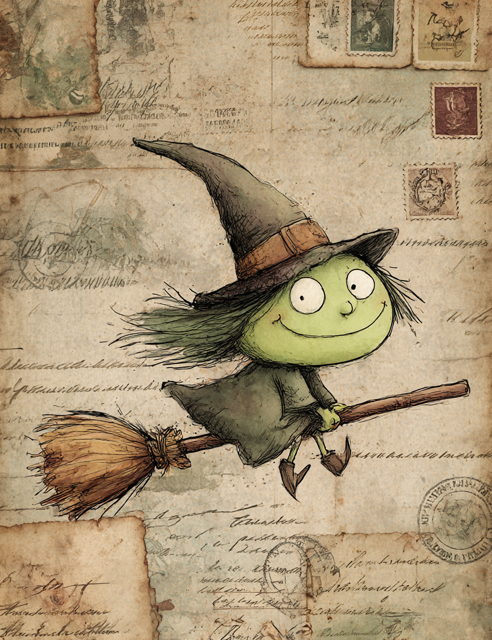 Cartoon witch flying on a broomstick against an old letter background