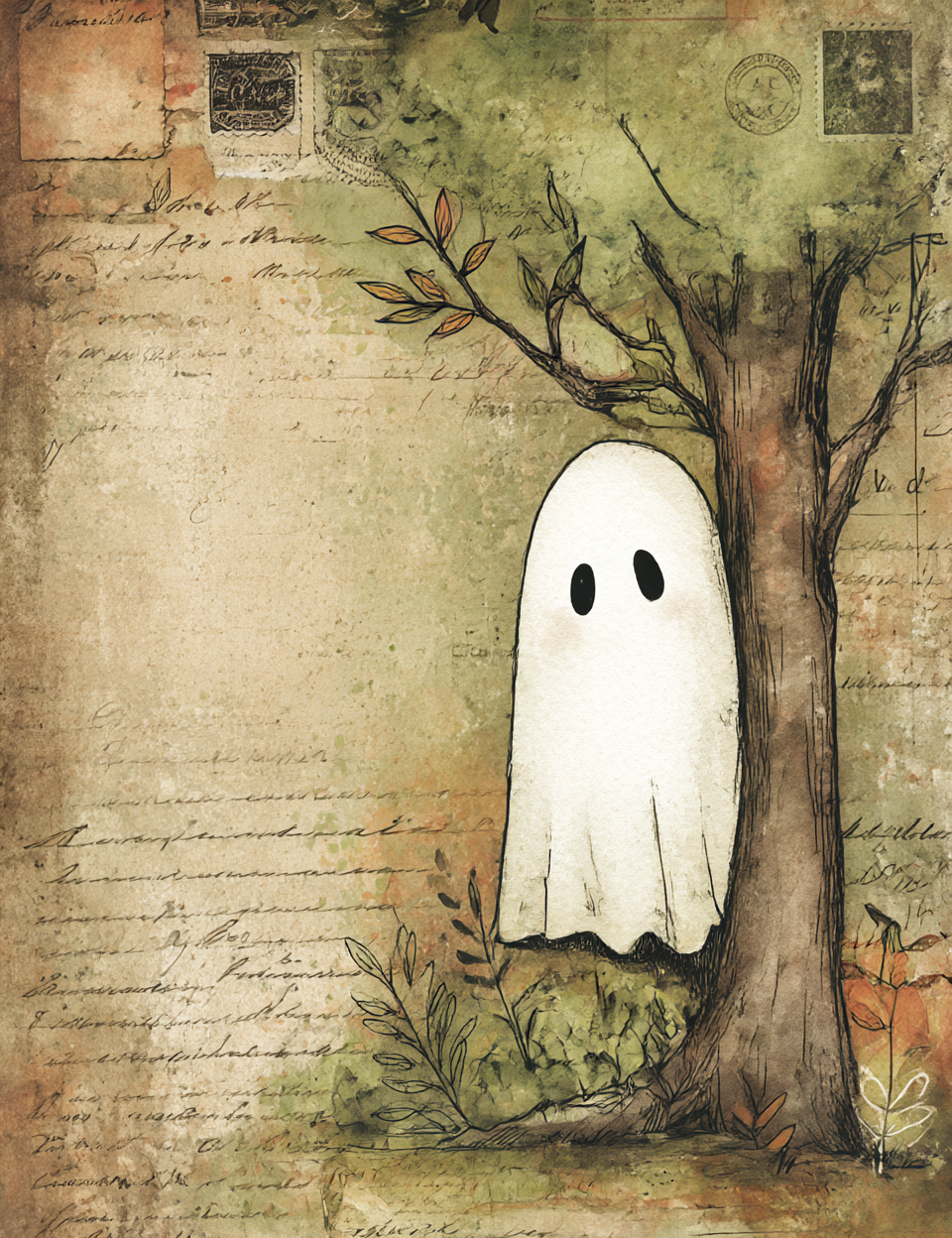 Ghost under a tree with a vintage letter background