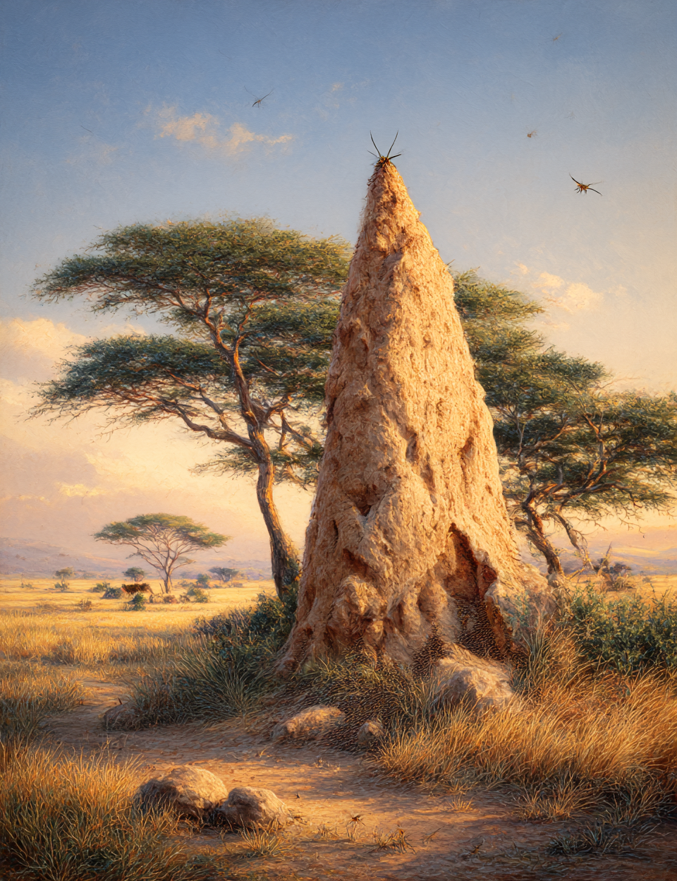 Large termite mound in a savanna landscape with trees and open sky.