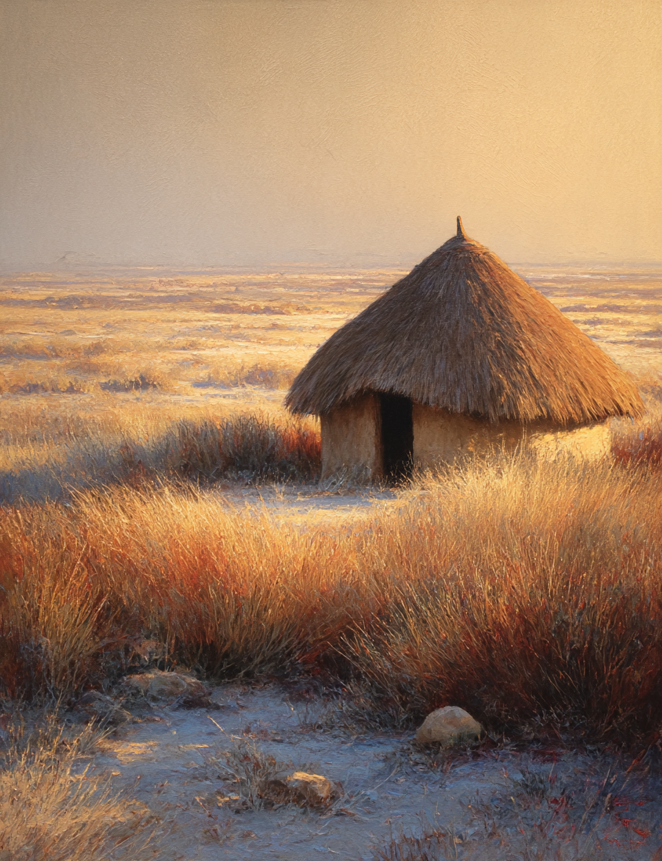 Thatched hut in a field with a warm, golden light