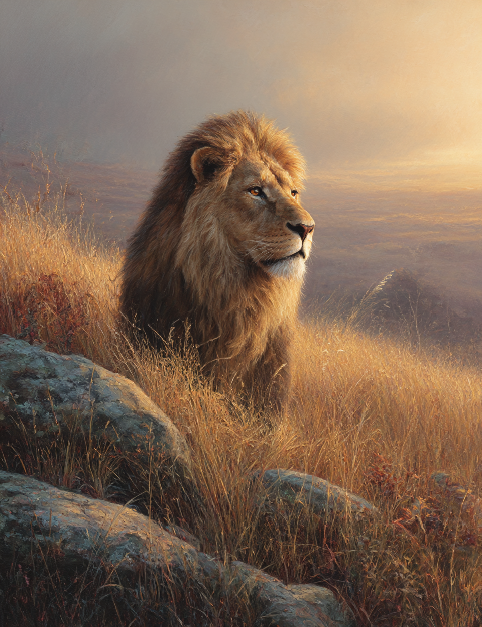 Lion sitting on a grassy hill with a warm, golden light