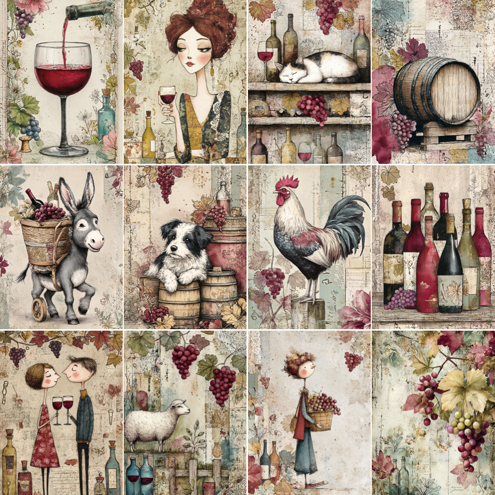 Collage of illustrations featuring wine bottles, grapes, animals, and people in a rustic setting.