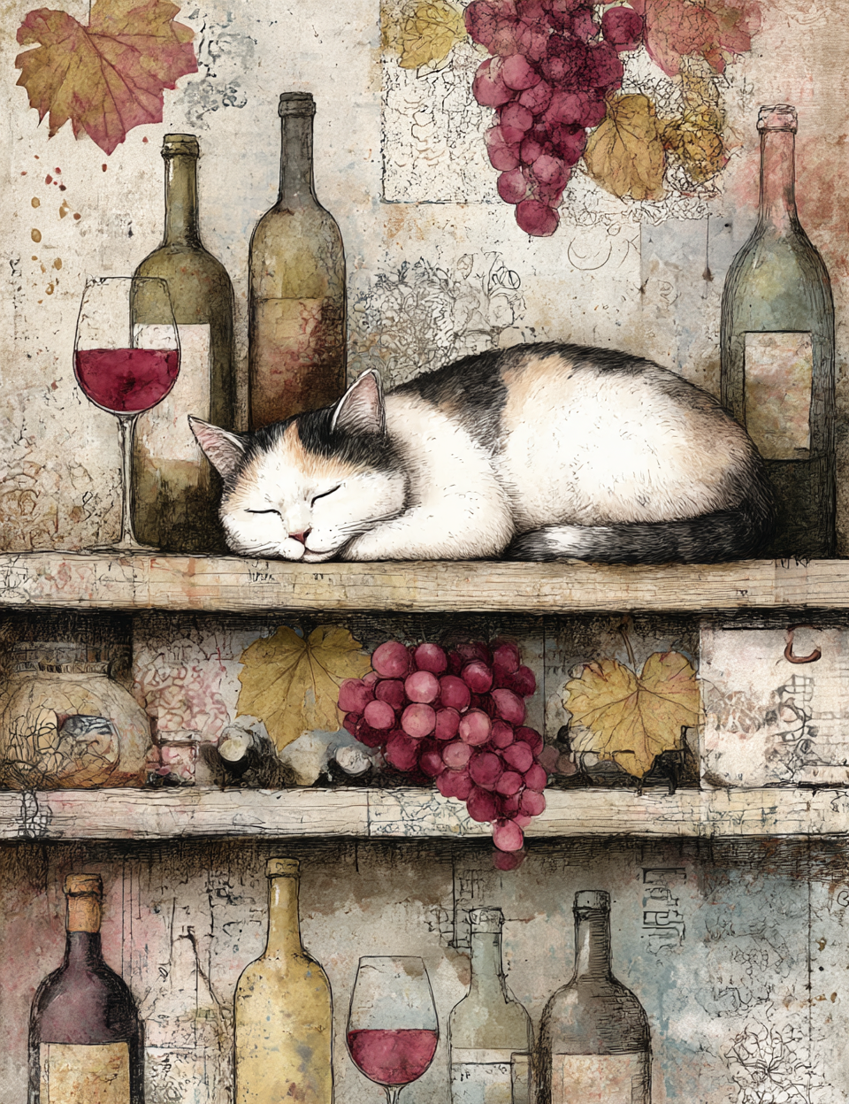 Cat sleeping on a shelf with wine bottles and grapes in a rustic setting