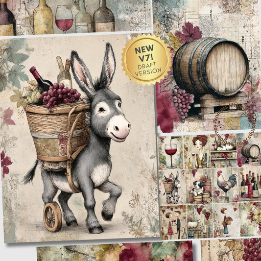 Collage of a donkey with a basket of grapes, wine bottles, and barrels on a rustic background.