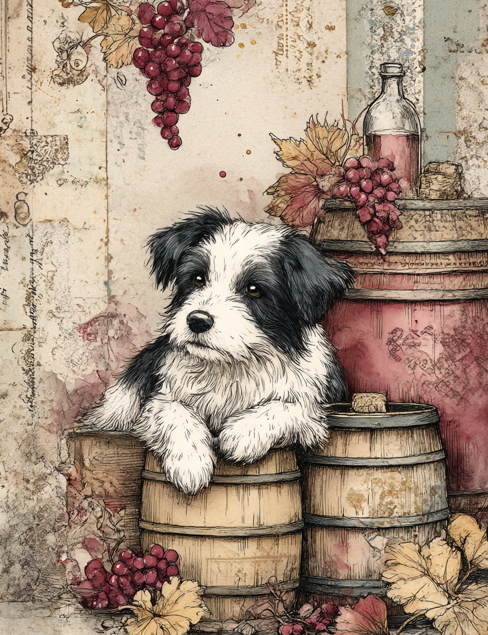 Illustration of a black and white dog sitting on wooden barrels with grapes and bottles in the background.