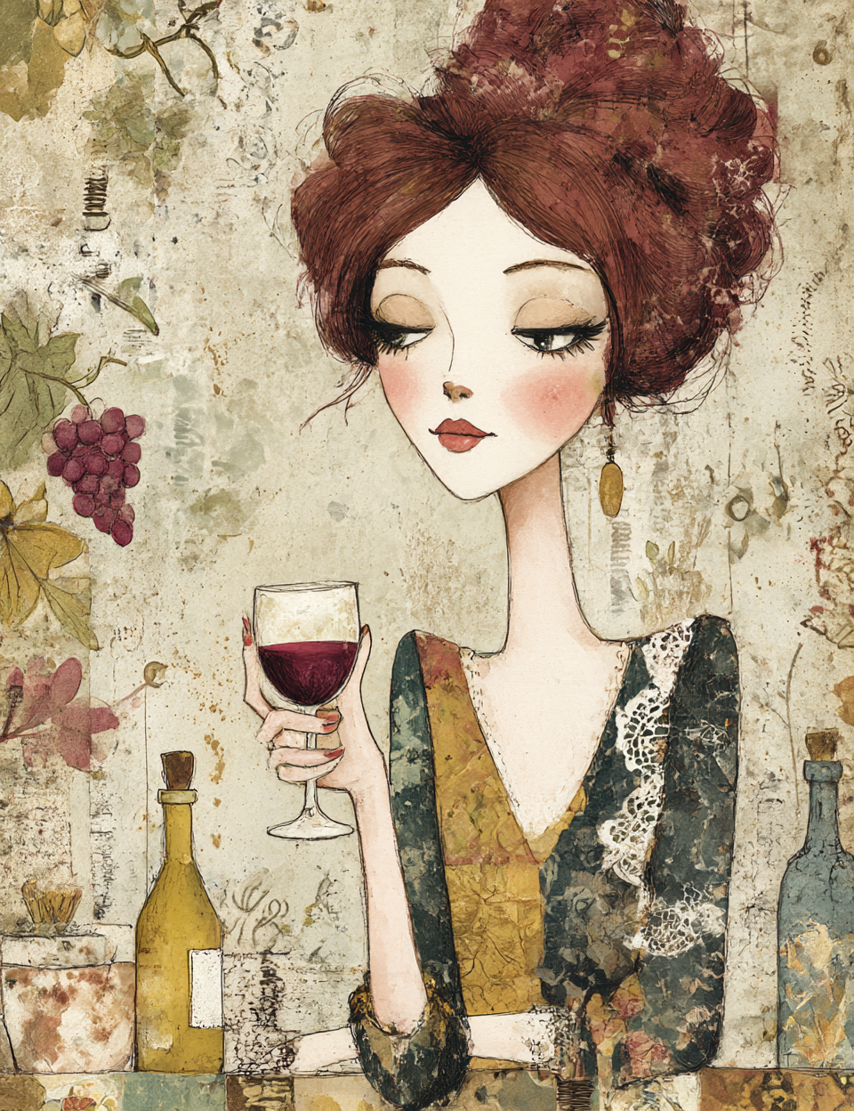 Illustration of a woman holding a glass of red wine with a rustic background