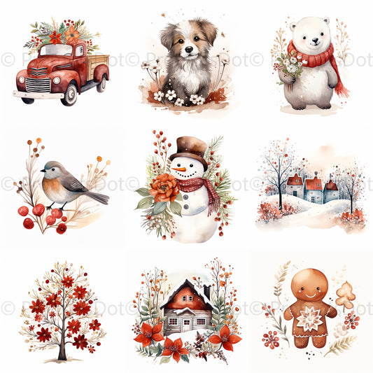 Winter Floral Christmas Watercolor Art Digital Art and Midjourney Prompt Commercial Use