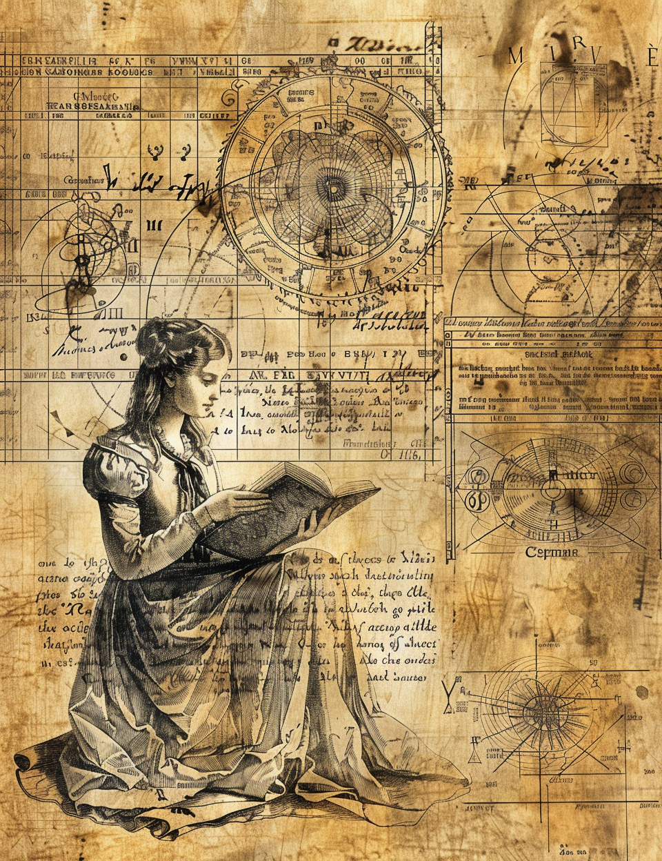 an aged paper with a woman reading a magic book