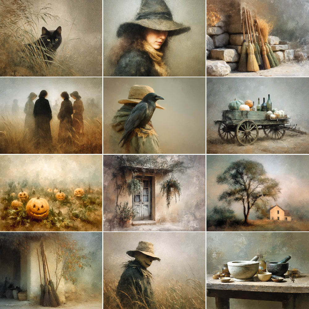 Collage of various rustic and natural-themed images including a cat, people, a cart, pumpkins, a house, and a table with bowls.