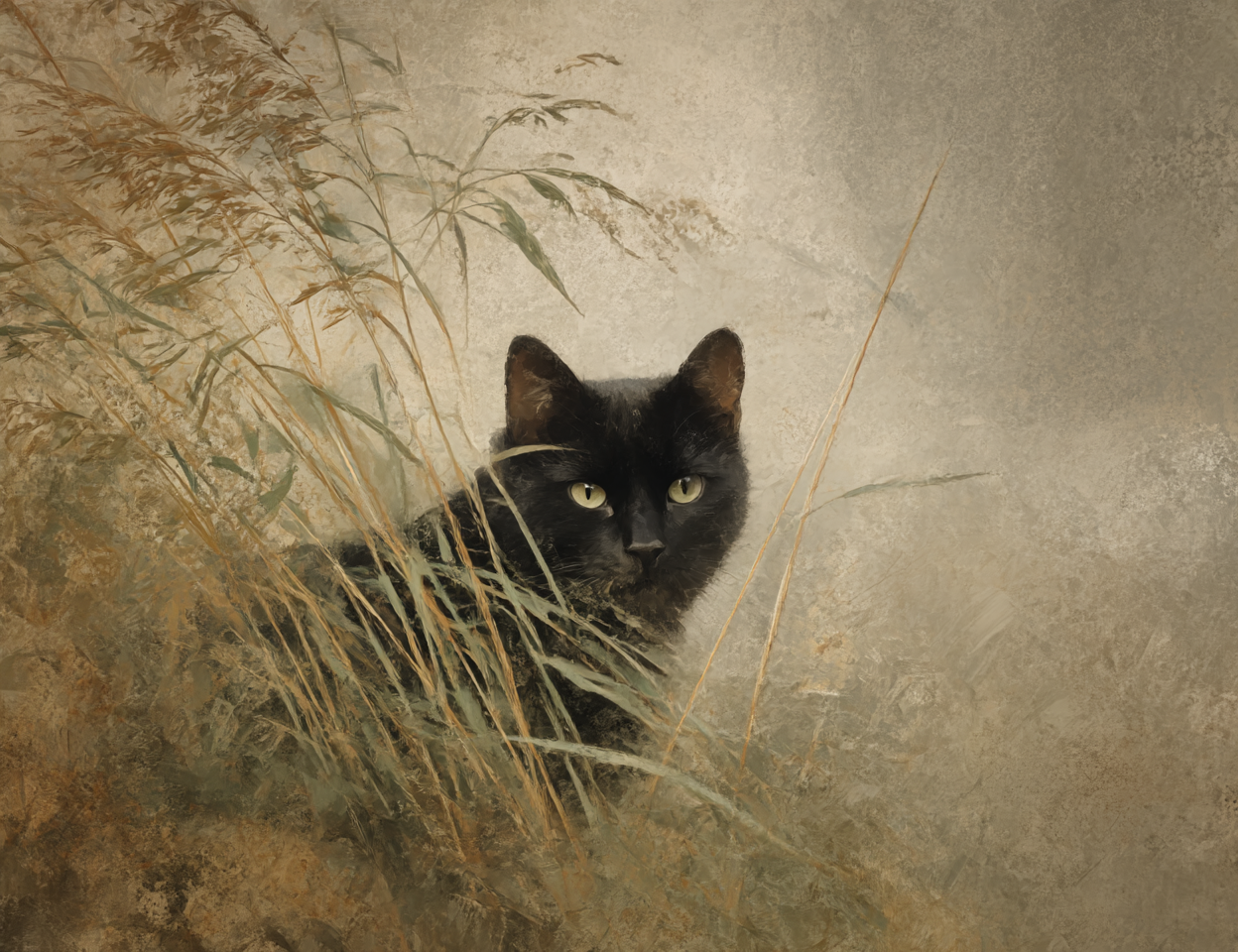 Black cat peeking from behind tall grass with a textured background