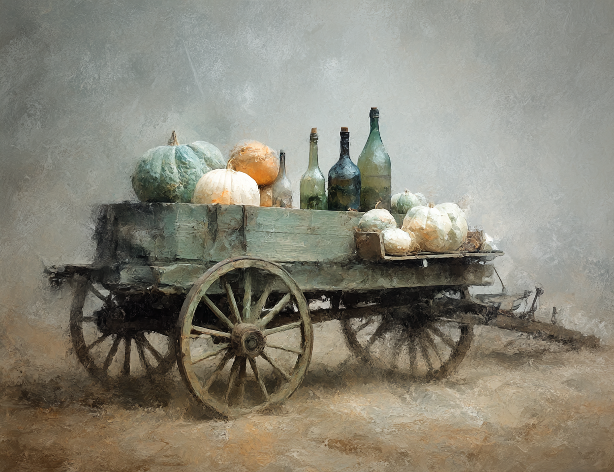 Wooden cart with pumpkins and bottles against a textured wall