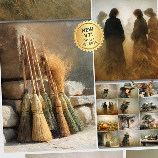Collage of brooms against a stone wall with a 'NEW V7! DRAFT VERSION' label.