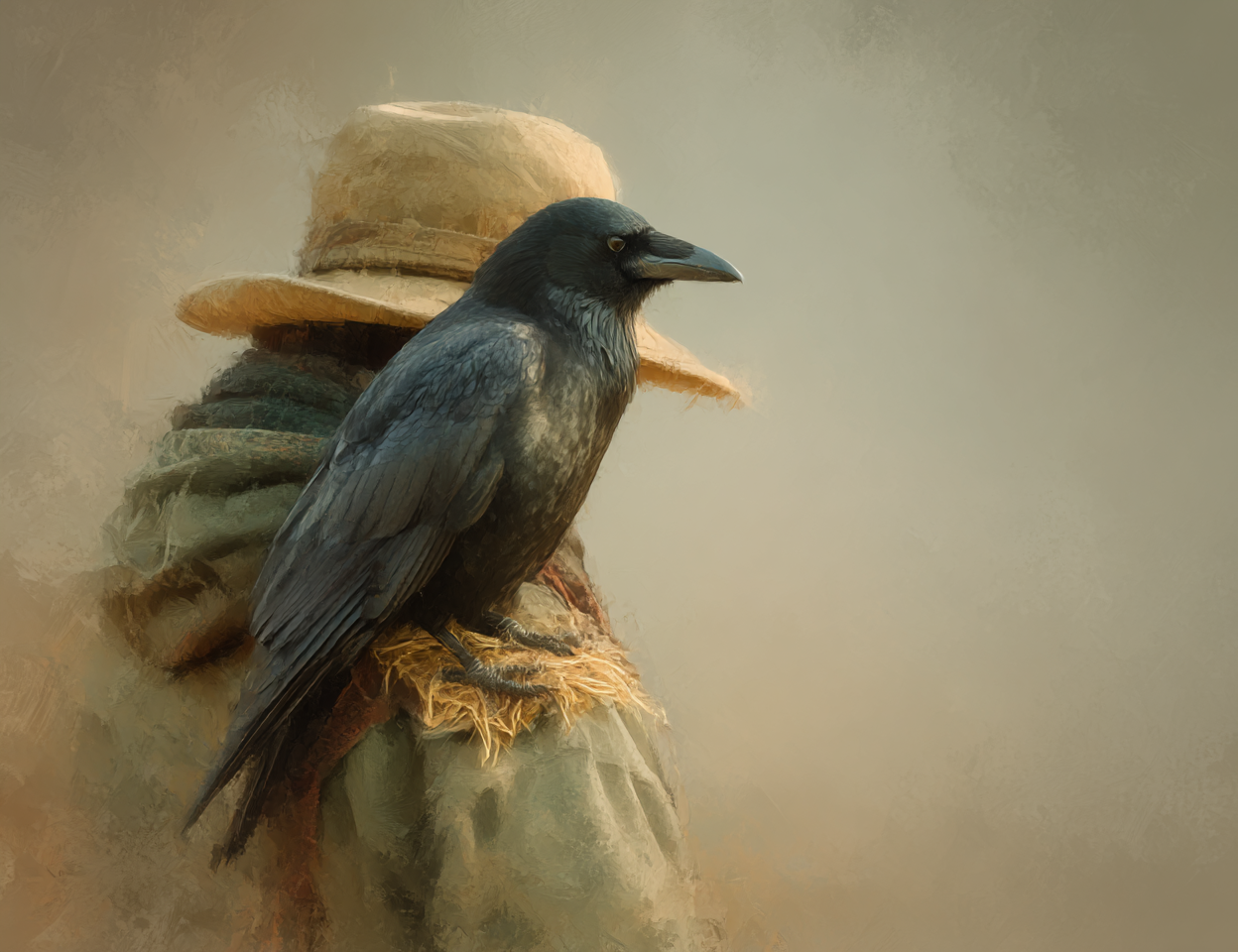 Black crow perched on a person wearing a straw hat and green garment against a blurred background